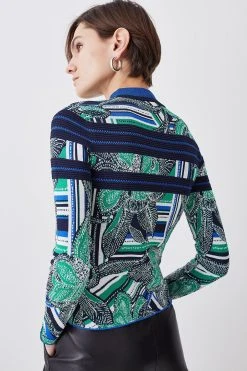 Karen Millen Floral Stripe Jacquard Zip Neck Knit Jumper