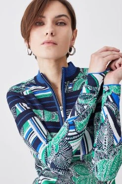 Karen Millen Floral Stripe Jacquard Zip Neck Knit Jumper -Karen Millen shop green floral stripe jacquard zip neck knit jumper 3