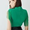 Karen Millen Fringe Trim High Neck Ponte Top -Karen Millen shop green fringe trim high neck ponte top