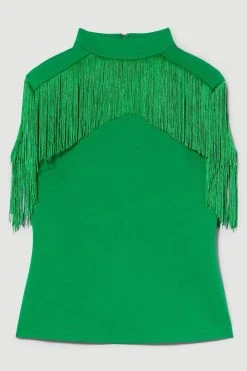 Karen Millen Fringe Trim High Neck Ponte Top -Karen Millen shop green fringe trim high neck ponte top 2