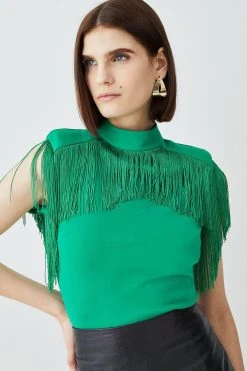 Karen Millen Fringe Trim High Neck Ponte Top -Karen Millen shop green fringe trim high neck ponte top 3