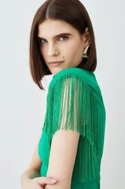 Karen Millen Fringe Trim High Neck Ponte Top -Karen Millen shop green fringe trim high neck ponte top 4
