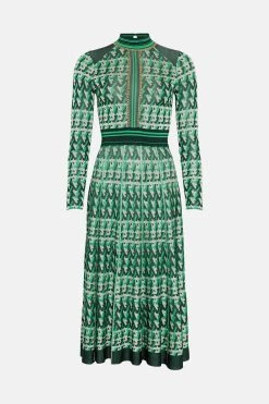 Karen Millen Geo Jacquard Knit Dress With Pleated Midi Skirt -Karen Millen shop green geo jacquard knit dress with pleated midi skirt 1