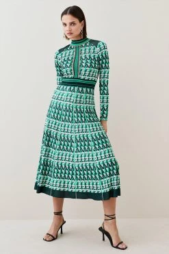 Karen Millen Geo Jacquard Knit Dress With Pleated Midi Skirt -Karen Millen shop green geo jacquard knit dress with pleated midi skirt 2