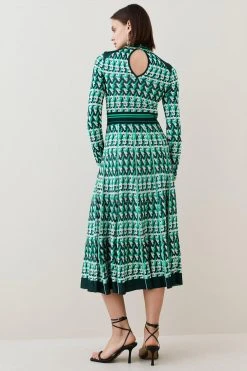 Karen Millen Geo Jacquard Knit Dress With Pleated Midi Skirt -Karen Millen shop green geo jacquard knit dress with pleated midi skirt 3