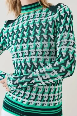Karen Millen Geo Knit Jacquard Top With Chain Trim -Karen Millen shop green geo knit jacquard top with chain trim 1
