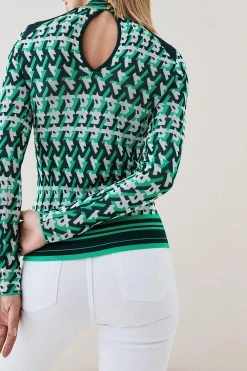 Karen Millen Geo Knit Jacquard Top With Chain Trim -Karen Millen shop green geo knit jacquard top with chain trim 3