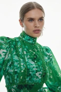 Karen Millen Graphic Lace Trim Floral Woven Mini Dress -Karen Millen shop green graphic lace trim floral woven mini dress 2