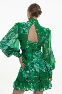 Karen Millen Graphic Lace Trim Floral Woven Mini Dress