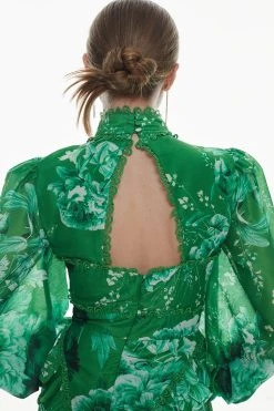 Karen Millen Graphic Lace Trim Floral Woven Mini Dress -Karen Millen shop green graphic lace trim floral woven mini dress 3