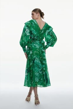Karen Millen Graphic Lace Trim Floral Woven Plunge Maxi Dress -Karen Millen shop green graphic lace trim floral woven plunge maxi dress 2
