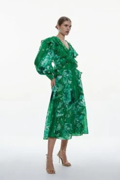 Karen Millen Graphic Lace Trim Floral Woven Plunge Maxi Dress