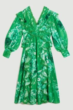 Karen Millen Graphic Lace Trim Floral Woven Plunge Maxi Dress -Karen Millen shop green graphic lace trim floral woven plunge maxi dress 3