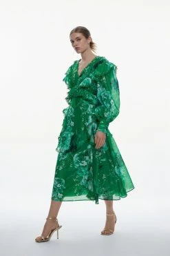 Karen Millen Graphic Lace Trim Floral Woven Plunge Maxi Dress -Karen Millen shop green graphic lace trim floral woven plunge maxi dress 4