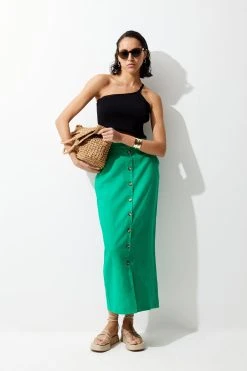 Karen Millen Linen Tailored Pencil Midi Skirt -Karen Millen shop green linen tailored pencil midi skirt 3