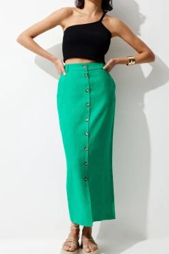 Karen Millen Linen Tailored Pencil Midi Skirt -Karen Millen shop green linen tailored pencil midi skirt 5