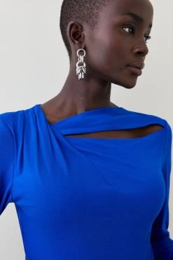 Karen Millen Long Sleeve Cut Out Detail Viscose Blend Jersey Top -Karen Millen shop green long sleeve cut out detail viscose blend jersey top 2