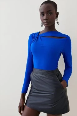 Karen Millen Long Sleeve Cut Out Detail Viscose Blend Jersey Top -Karen Millen shop green long sleeve cut out detail viscose blend jersey top 4