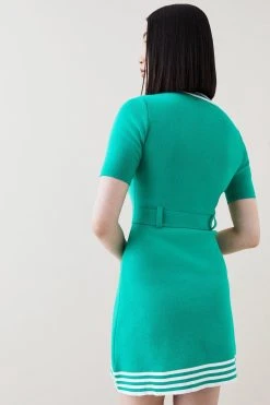 Karen Millen Milano Knit Belted Stripe Detail Mini Dress -Karen Millen shop green milano knit belted stripe detail mini dress 1