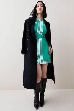 Karen Millen Milano Knit Belted Stripe Detail Mini Dress -Karen Millen shop green milano knit belted stripe detail mini dress 2