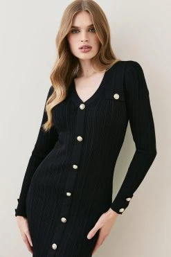 Karen Millen Military Button Detail V Neck Rib Knitted Midi Dress -Karen Millen shop green military button detail v neck rib knitted midi dress 1 3