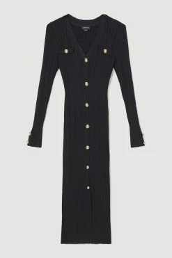 Karen Millen Military Button Detail V Neck Rib Knitted Midi Dress -Karen Millen shop green military button detail v neck rib knitted midi dress 1 4