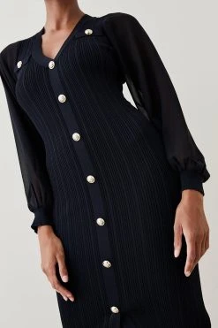 Karen Millen Military Rib Knit Georgette Sleeve Midi Dress 8 Karen Millen Military Rib Knit Georgette Sleeve Midi Dress -Karen Millen shop green military rib knit georgette sleeve midi dress 1 1