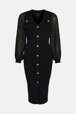 Karen Millen Military Rib Knit Georgette Sleeve Midi Dress 9 Karen Millen Military Rib Knit Georgette Sleeve Midi Dress -Karen Millen shop green military rib knit georgette sleeve midi dress 1 2