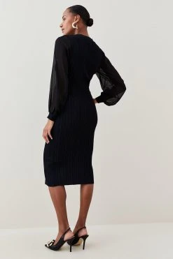 Karen Millen Military Rib Knit Georgette Sleeve Midi Dress 10 Karen Millen Military Rib Knit Georgette Sleeve Midi Dress -Karen Millen shop green military rib knit georgette sleeve midi dress 1 3