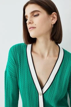 Karen Millen Military Style Cable Knit Long Cardigan -Karen Millen shop green military style cable knit long cardigan 3