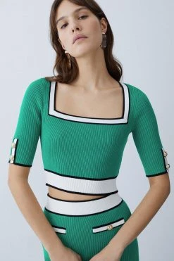 Karen Millen Military Style Rib Knit Crop Top -Karen Millen shop green military style rib knit crop top 3