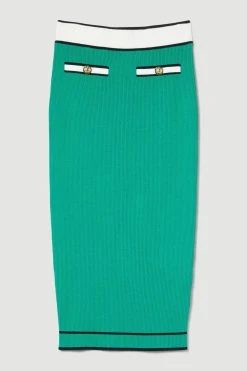 Karen Millen Military Style Rib Knit Midi Skirt -Karen Millen shop green military style rib knit midi skirt 4