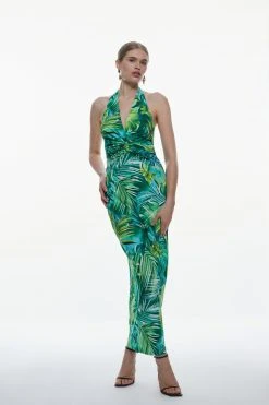 Karen Millen Palm Print Halter Jersey Maxi Dress -Karen Millen shop green palm print halter jersey maxi dress 1 2