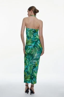 Karen Millen Palm Print Halter Jersey Maxi Dress -Karen Millen shop green palm print halter jersey maxi dress 1 4