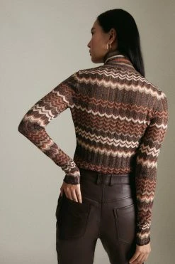 Karen Millen Patterned Sparkle Knit Roll Neck Jacquard Top