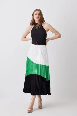 Karen Millen Petite Colour Block Pleated Halter Neck Woven Midi Dress