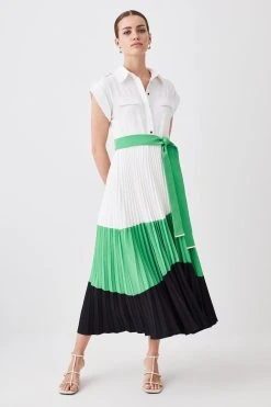 Karen Millen Petite Colour Block Pleated Woven Midi Shirt Dress