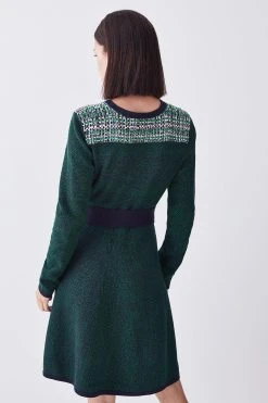 Karen Millen Petite Cut And Sew Tweed Panel Long Sleeve Skater Dress -Karen Millen shop green petite cut and sew tweed panel long sleeve skater dress 1