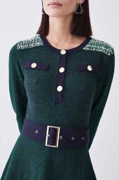 Karen Millen Petite Cut And Sew Tweed Panel Long Sleeve Skater Dress -Karen Millen shop green petite cut and sew tweed panel long sleeve skater dress 2