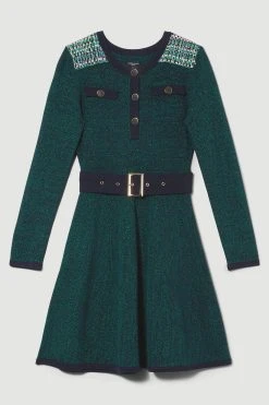 Karen Millen Petite Cut And Sew Tweed Panel Long Sleeve Skater Dress -Karen Millen shop green petite cut and sew tweed panel long sleeve skater dress 3