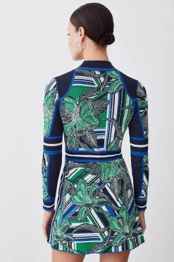 Karen Millen Petite Floral Abstract Jacquard Knit Zip Neck Mini Dress -Karen Millen shop green petite floral abstract jacquard knit zip neck mini dress 1