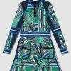 Karen Millen Petite Floral Abstract Jacquard Knit Zip Neck Mini Dress -Karen Millen shop green petite floral abstract jacquard knit zip neck mini dress