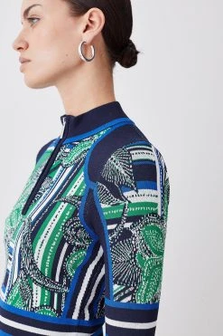 Karen Millen Petite Floral Abstract Jacquard Knit Zip Neck Mini Dress -Karen Millen shop green petite floral abstract jacquard knit zip neck mini dress 2