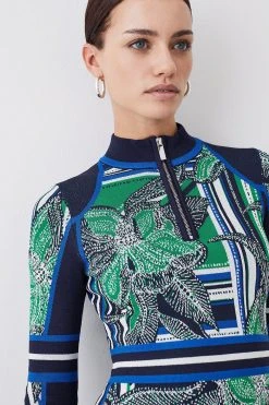 Karen Millen Petite Floral Abstract Jacquard Knit Zip Neck Mini Dress -Karen Millen shop green petite floral abstract jacquard knit zip neck mini dress 4