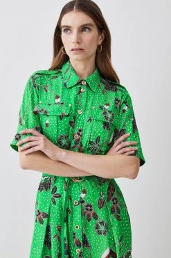 Karen Millen Petite Floral Batik Premium Linen Woven Shirt Dress -Karen Millen shop green petite floral batik premium linen woven shirt dress 1