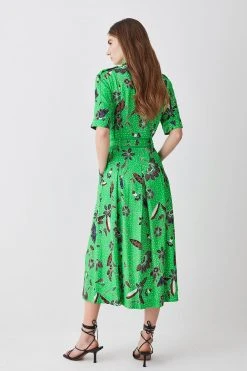 Karen Millen Petite Floral Batik Premium Linen Woven Shirt Dress -Karen Millen shop green petite floral batik premium linen woven shirt dress 2