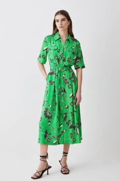 Karen Millen Petite Floral Batik Premium Linen Woven Shirt Dress -Karen Millen shop green petite floral batik premium linen woven shirt dress 4