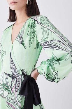 Karen Millen Petite Floral Hammered Satin Woven Wrap Mini Dress -Karen Millen shop green petite floral hammered satin woven wrap mini dress 1
