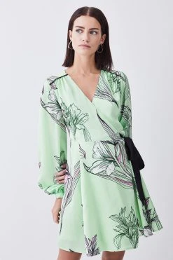 Karen Millen Petite Floral Hammered Satin Woven Wrap Mini Dress -Karen Millen shop green petite floral hammered satin woven wrap mini dress 2