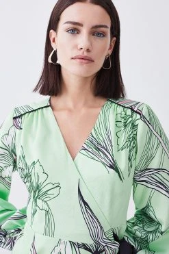 Karen Millen Petite Floral Hammered Satin Woven Wrap Mini Dress -Karen Millen shop green petite floral hammered satin woven wrap mini dress 3